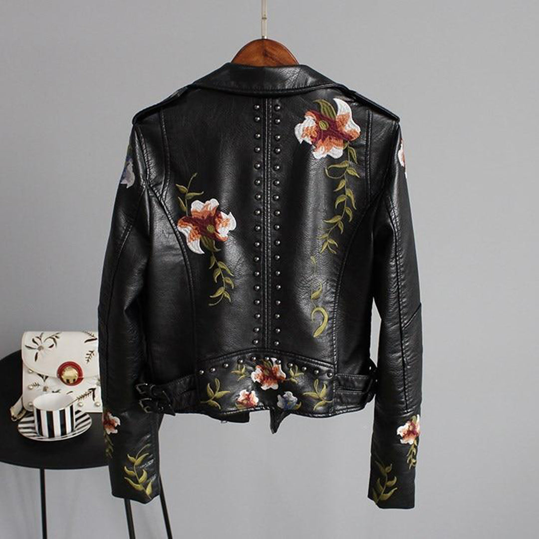 Jocelyn | Women’s Floral Design Zip-up Biker Jacket