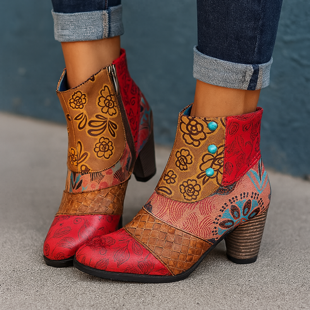 Ella | Women's Floral-Patterned Heeled Boots